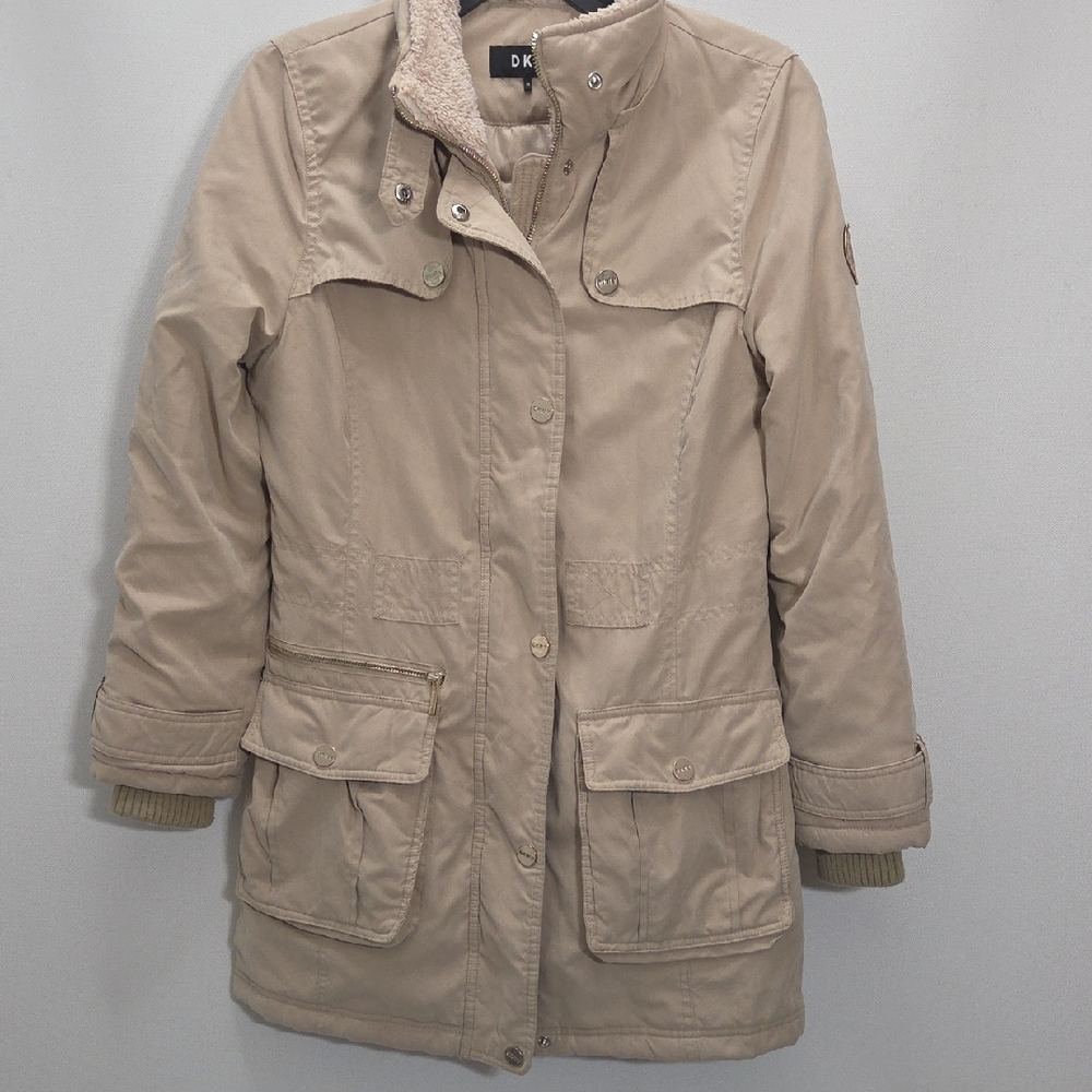 DKNY Beige Coat with Faux-Shearling Collar XS